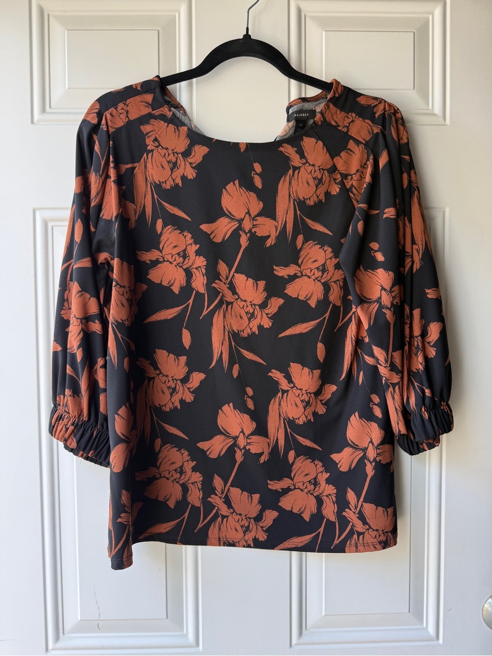 Nordstrom Black Blouse with Rust Floral Print